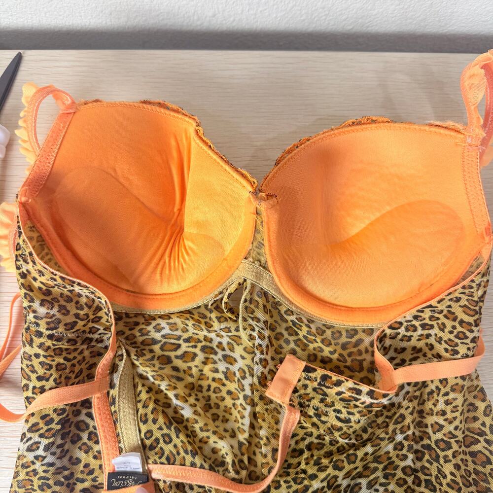 Y2k Mesh Leopard Split Front Babydoll Lingerie Top Gyaru Sexy Trashy McBling L - Picture 7 of 10